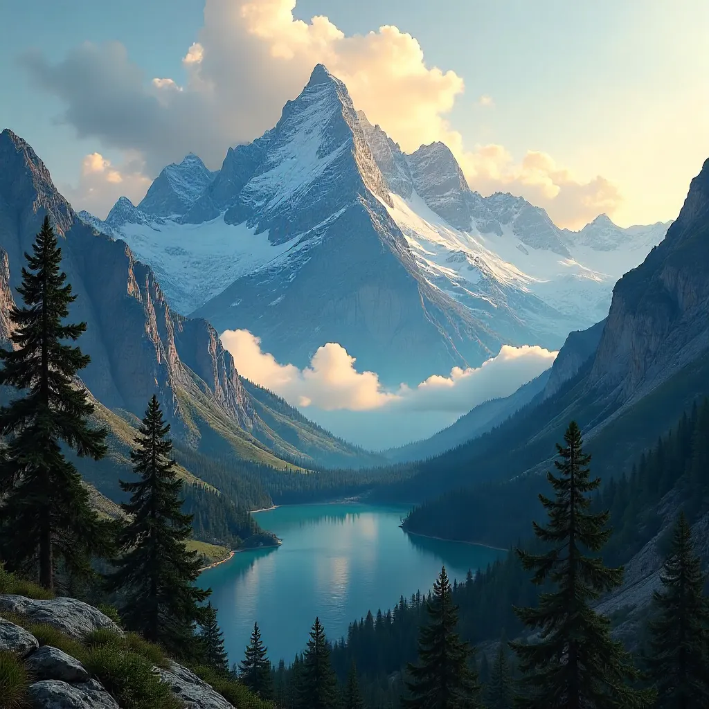 Majestic Peaks Partially Veiled by Clouds