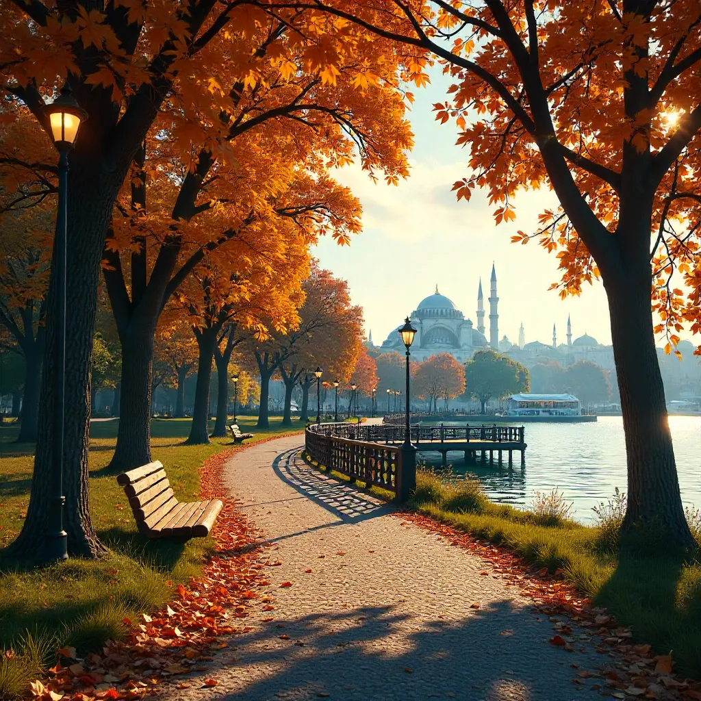 Autumnal Istanbul: Winding Park Path at Dusk