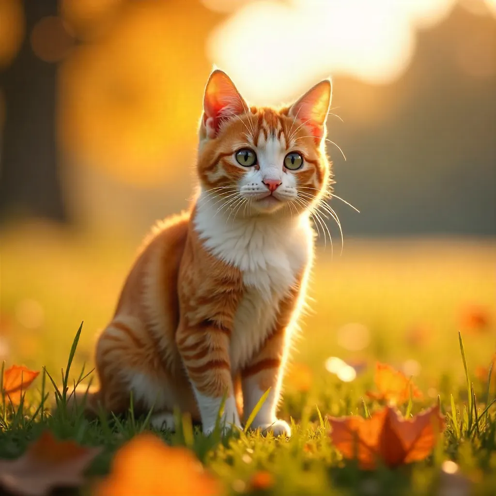Sunlit Autumn Field: Orange and White Cat