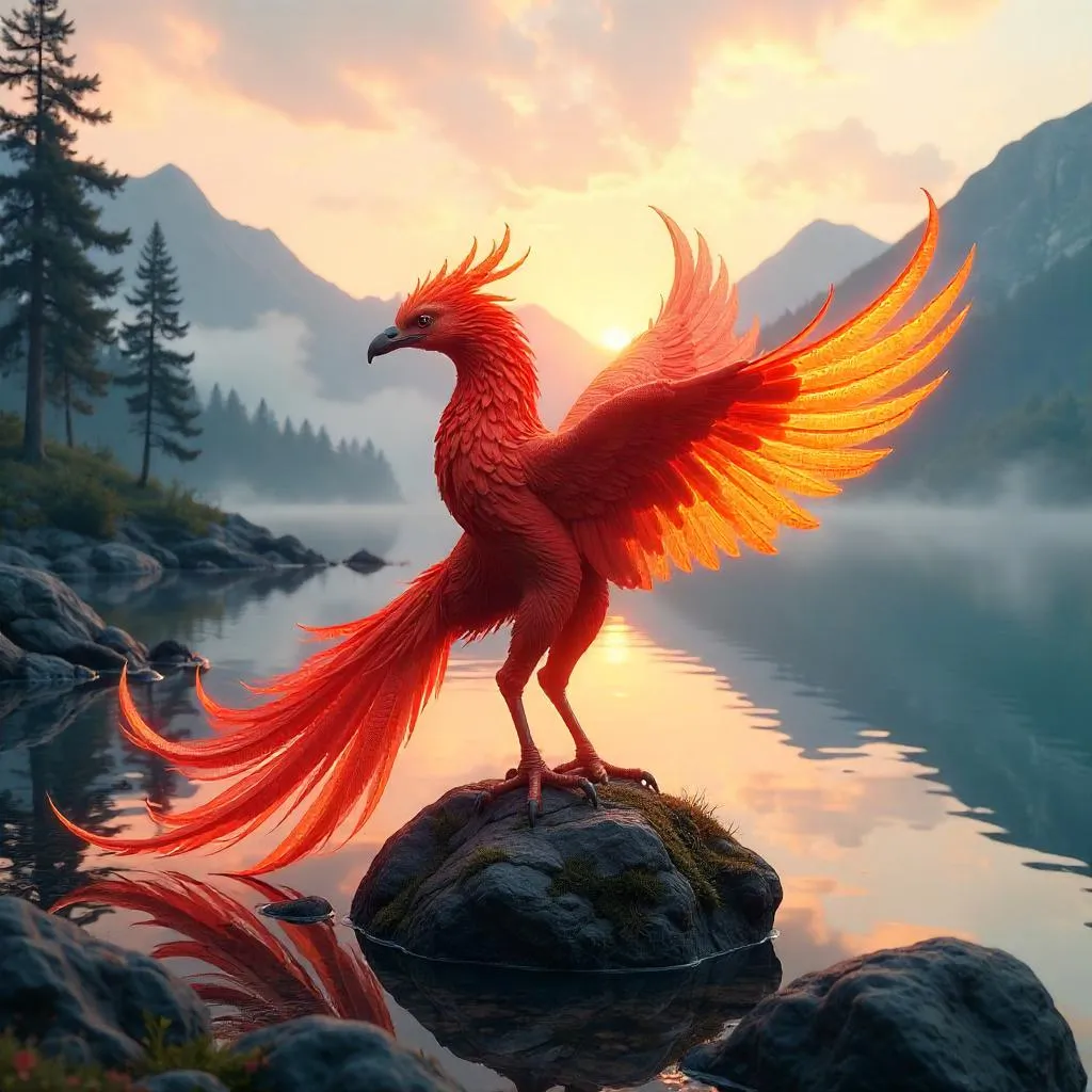 Phoenix 3D Render by a Serene Lake