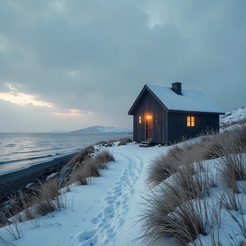 Solitary Danish Cabin on the Hvalpsund Winter Coast