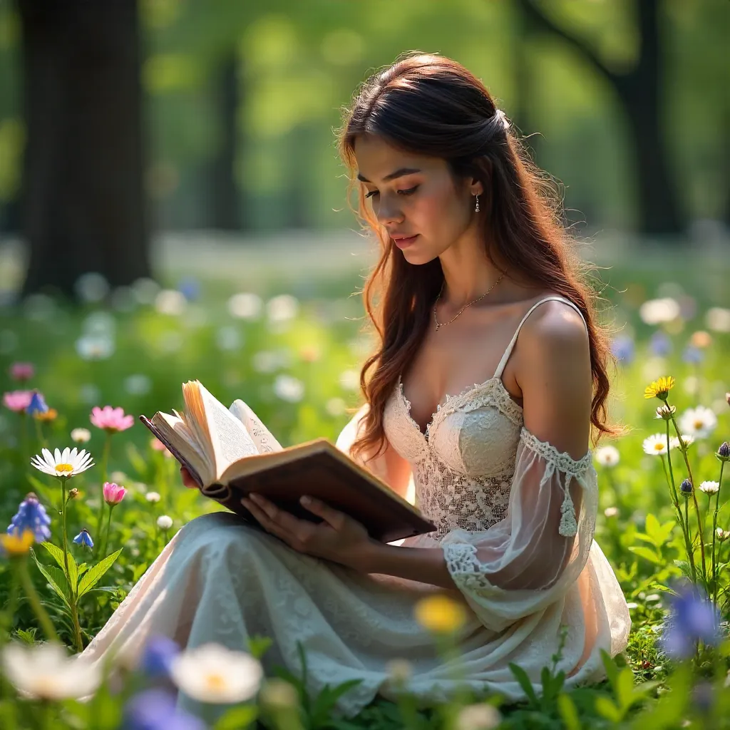 Lace-Clad Woman Reading in a Spring Forest Meadow
