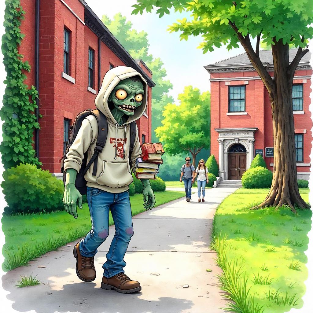 Watercolor Zombie Wandering a University Campus