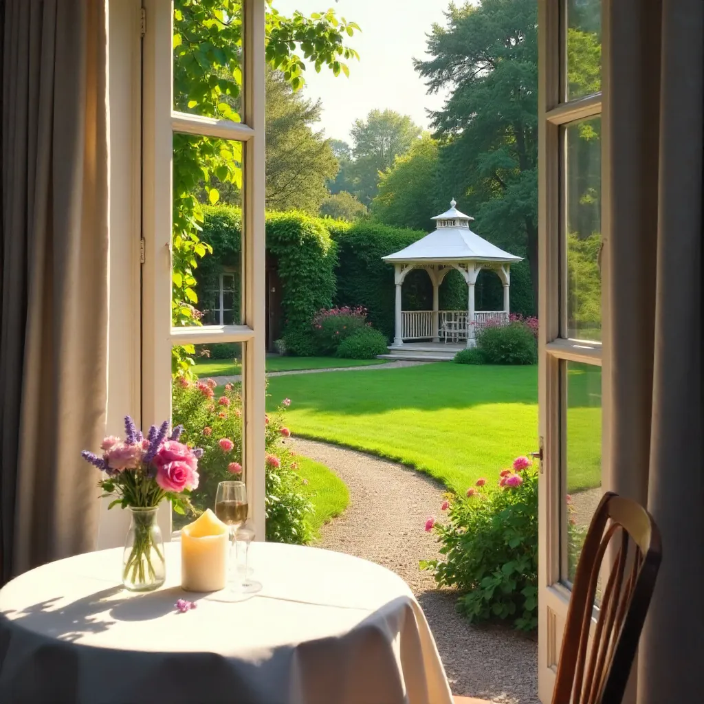 French Bistro Window View: Serene Garden Gazebo