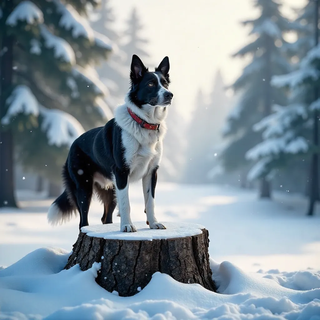 Border Collie on Snowy Tree Stump in Winter Forest