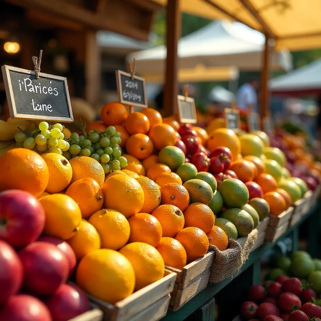 Vibrant Market Stall: Fresh Fruits with Price Tags