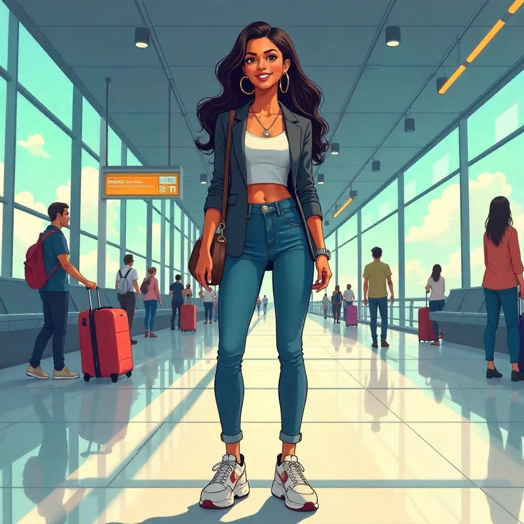 Confident Latina in Anime Airport Scene
