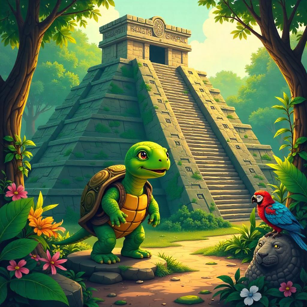 Cartoon Turtle Amid Mayan Ruins Adventure