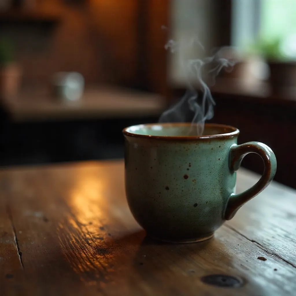 Rustic Coffee Cup in Dim Warm Café Light