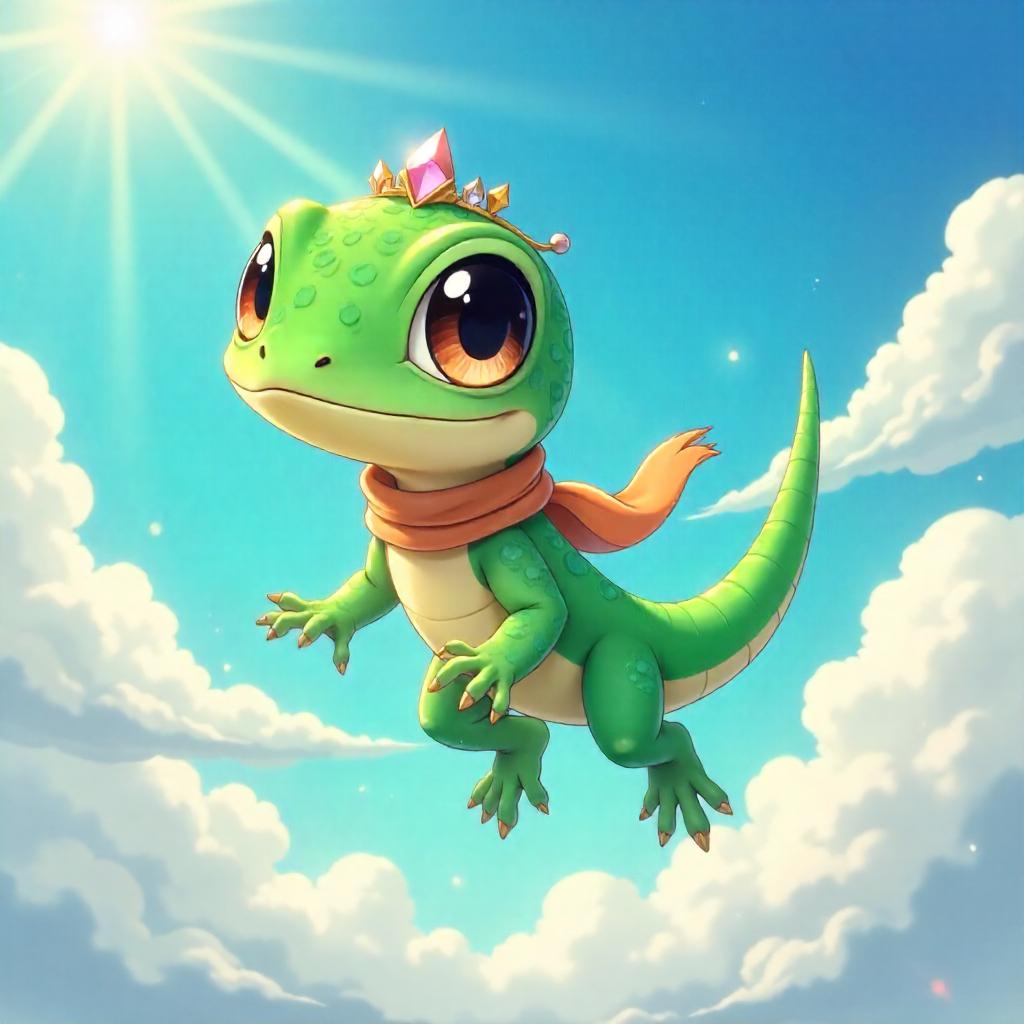 Lizard in Anime Style Floating Among Clouds