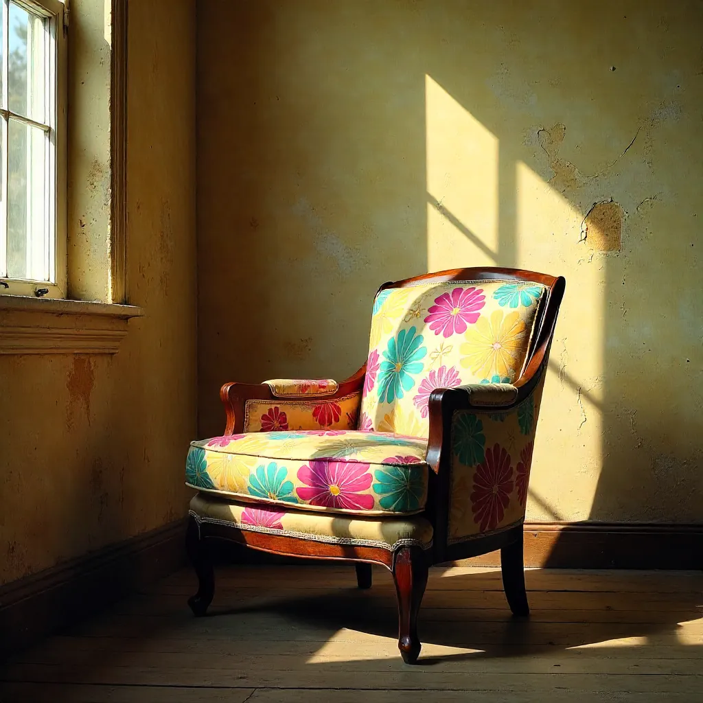 Empty Vintage Floral Chair Against Textured Wall
