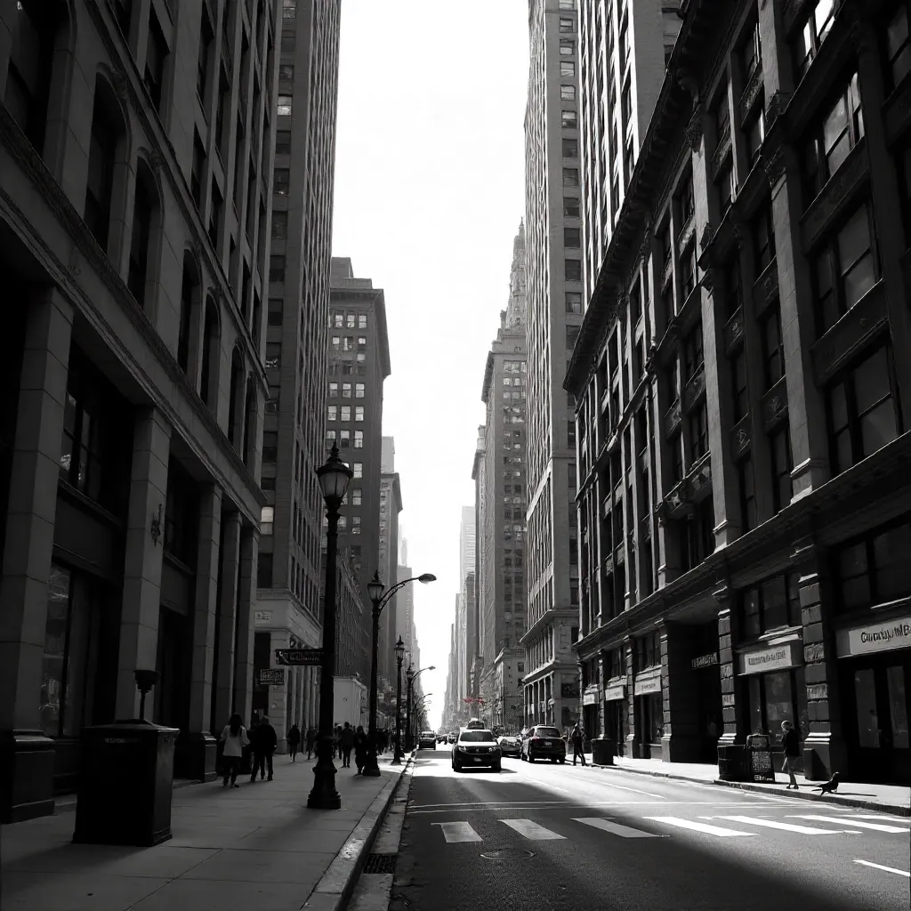 Street-Level Black-and-White NYC Skyscraper Perspective