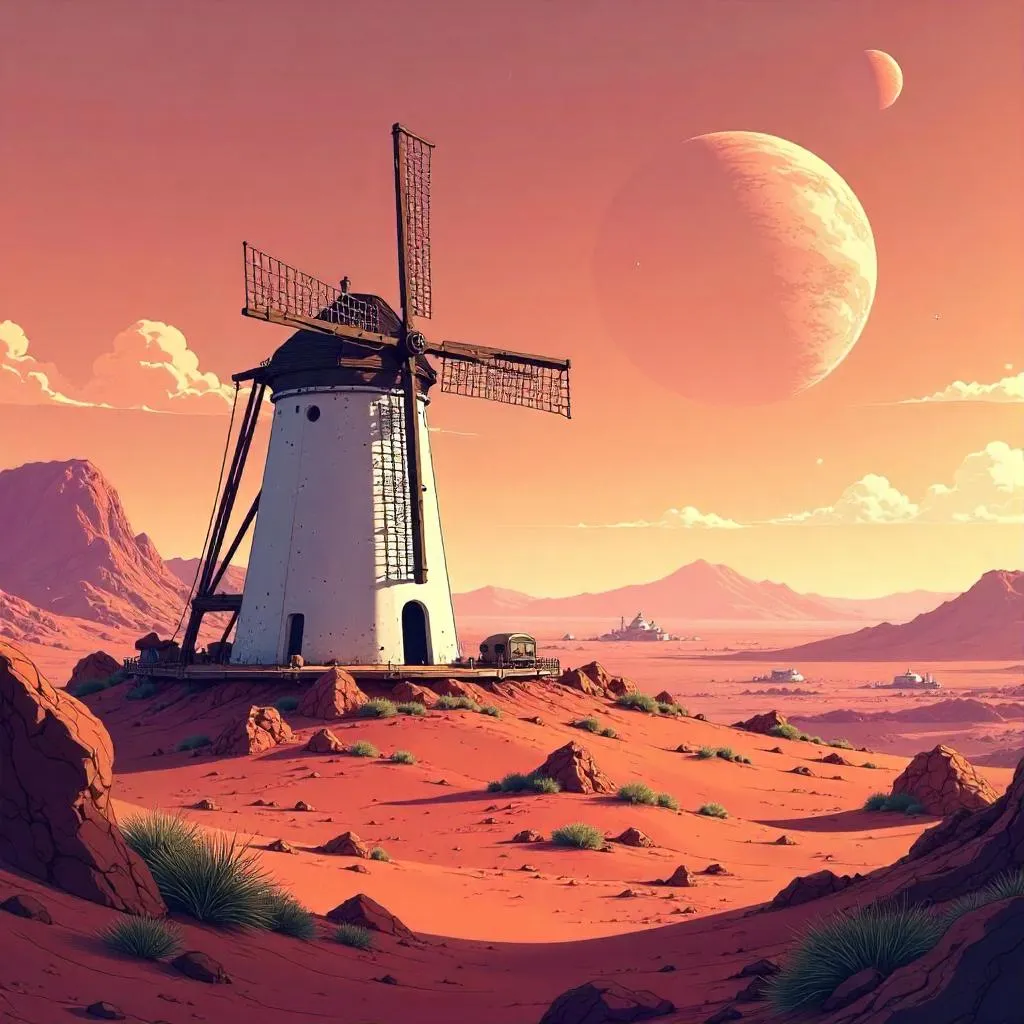 Martian Anime Windmill Under a Red Sky