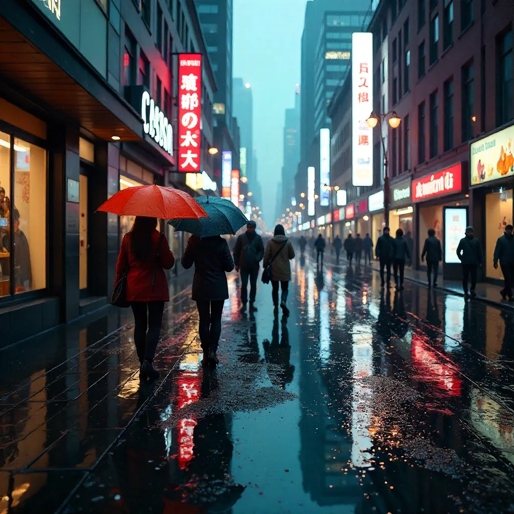Rainy City Street with Umbrellas and Reflections