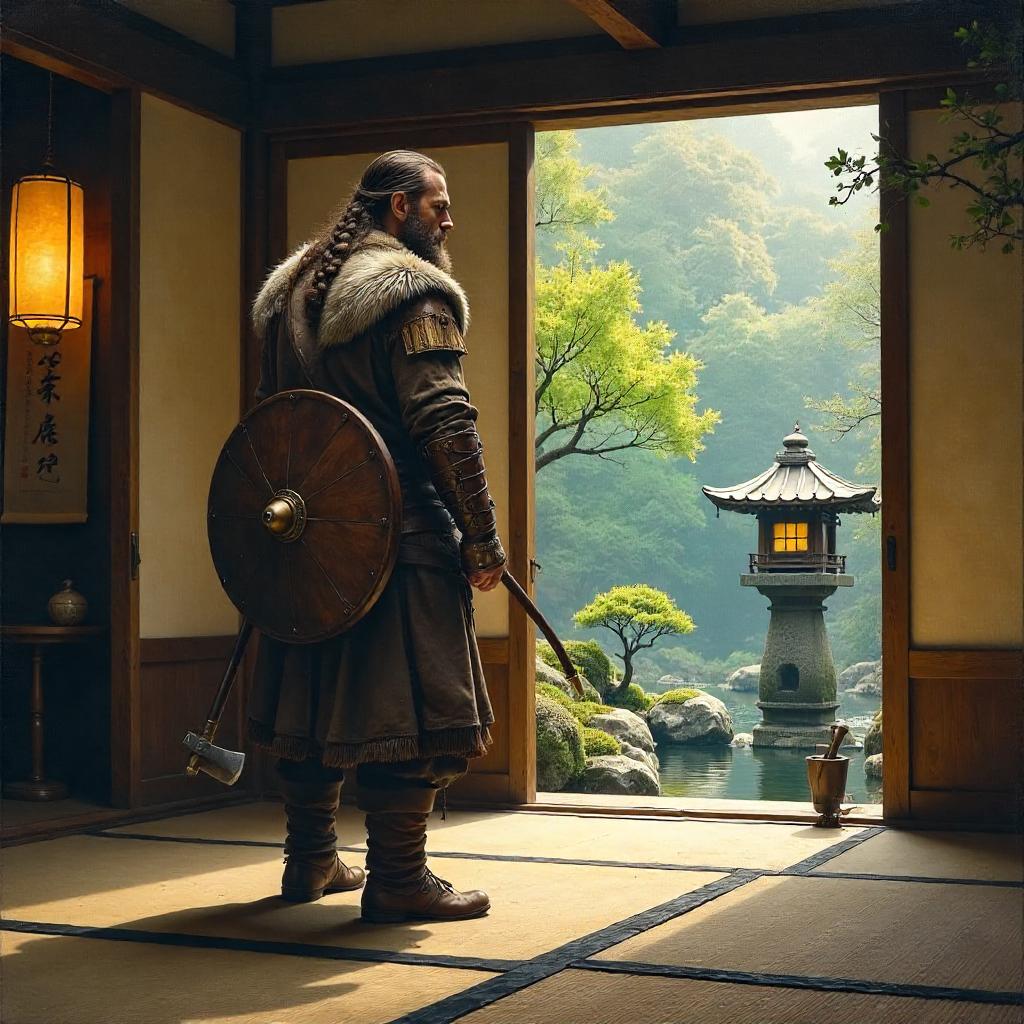 Viking in a Zen Temple - An Oil Painting