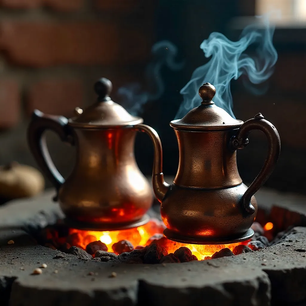 Two Copper Cezves Brewing on Charred Coals