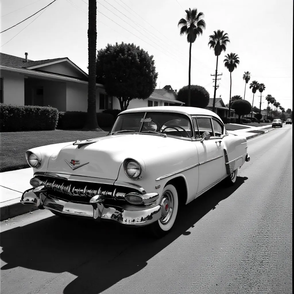Black and White 1950s Car on LA Suburban Street