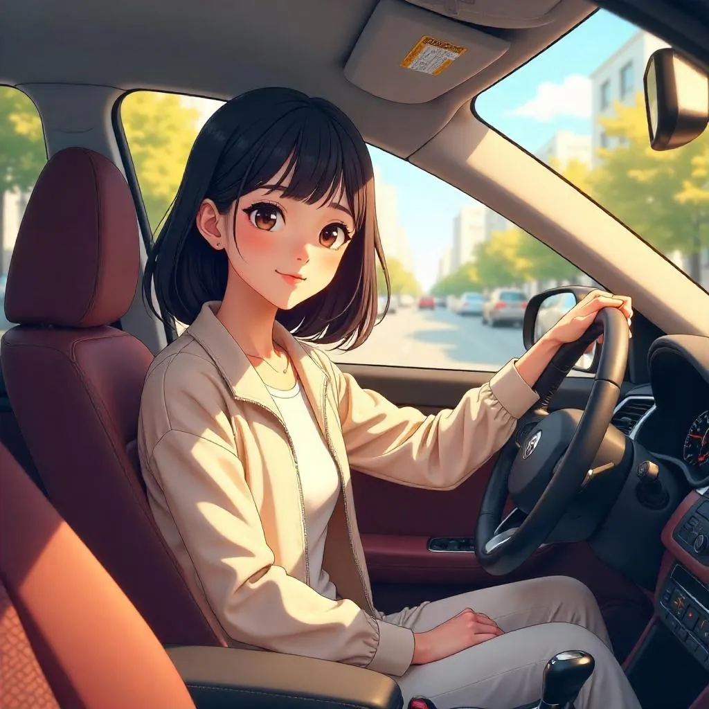 Anime-Style Young Asian Woman in a Car Interior