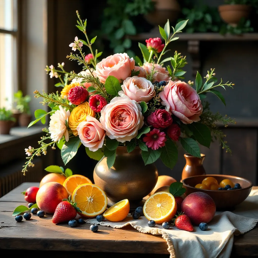 Vibrant Fruit and Floral Still Life on Rustic Wood