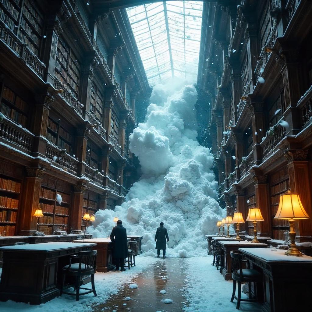 Avalanche in a Grand Library: Photoreal Chaos