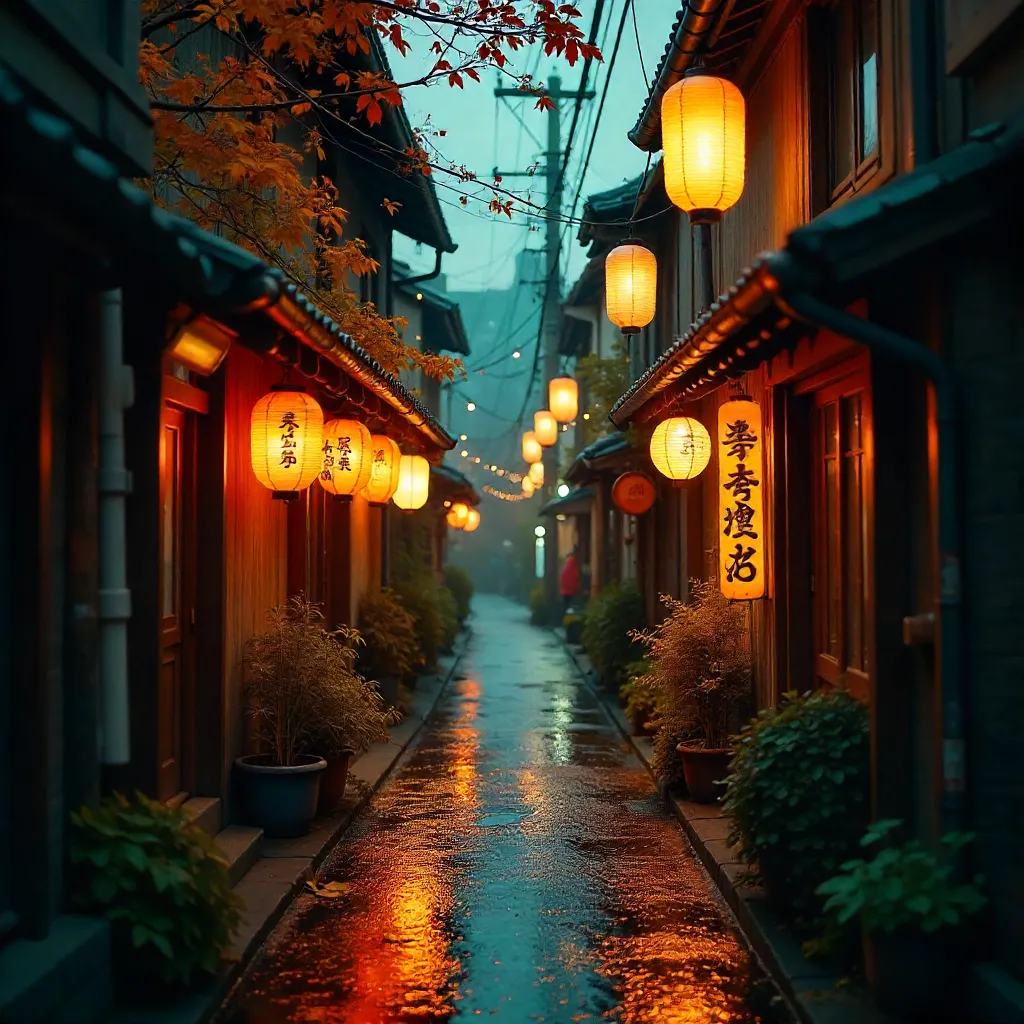 Lantern-Lit Tokyo Alley Amid Autumn Foliage