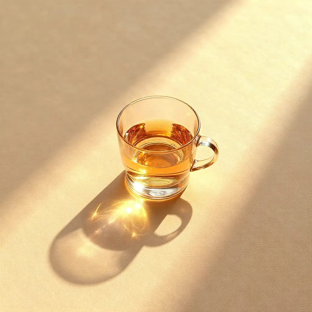 Top-Down Shadows of a Glass Cup on Beige Surface