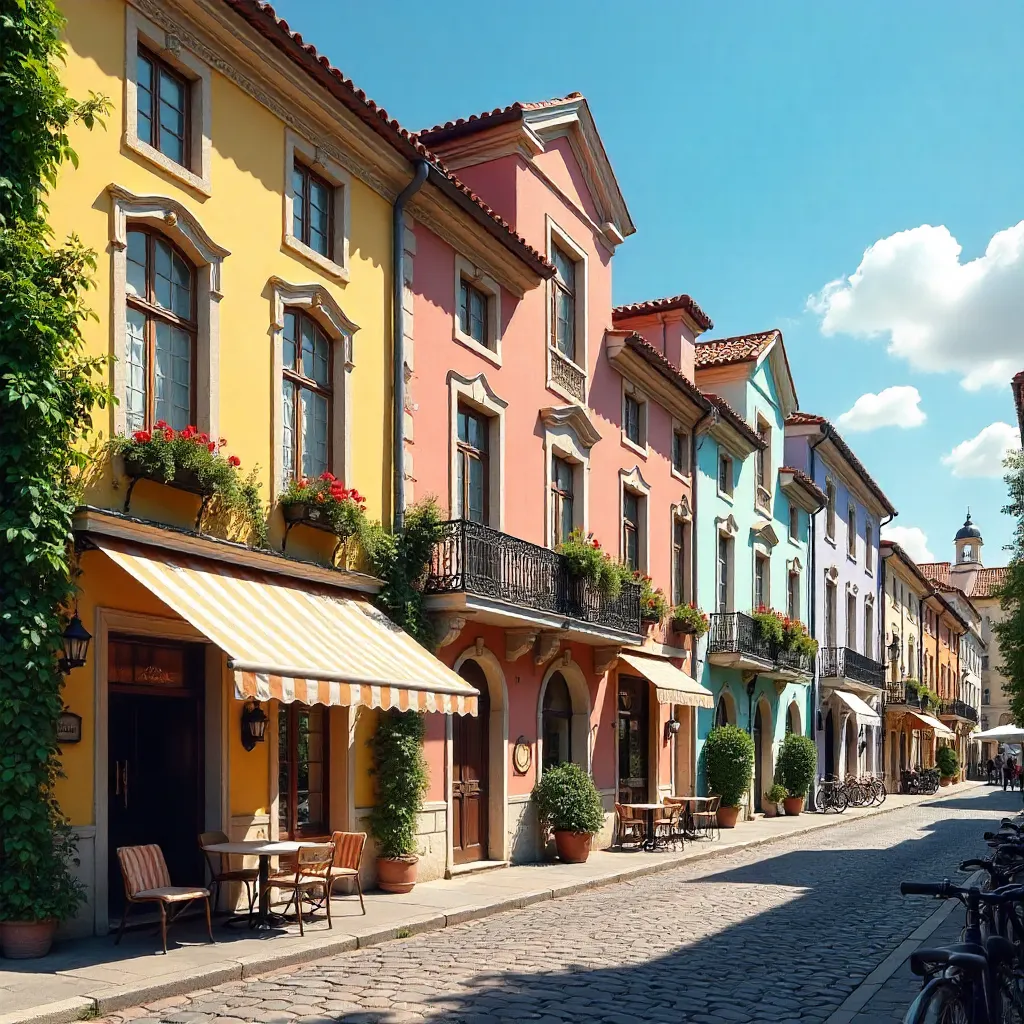 Vibrant European Townhouses Under a Clear Blue Sky