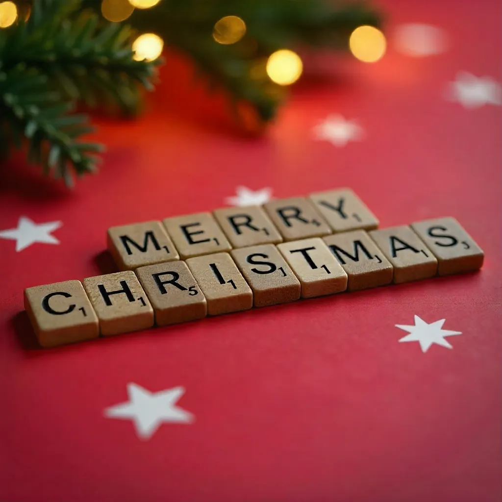 Scrabble Tiles Spell 'Merry Christmas' on Red Polka Dot Backdrop