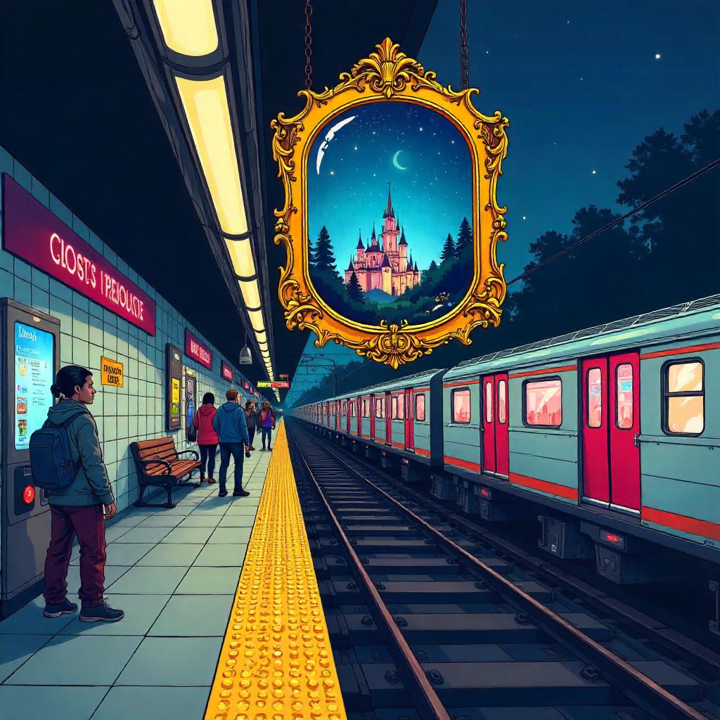 Cartoon Magic Mirror in a Bustling Subway Station