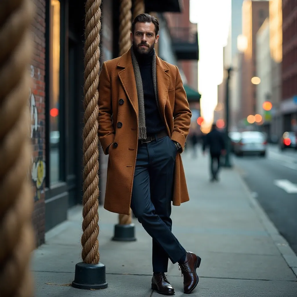 Urban Chic: Brown-Coat Man by Rope Installation