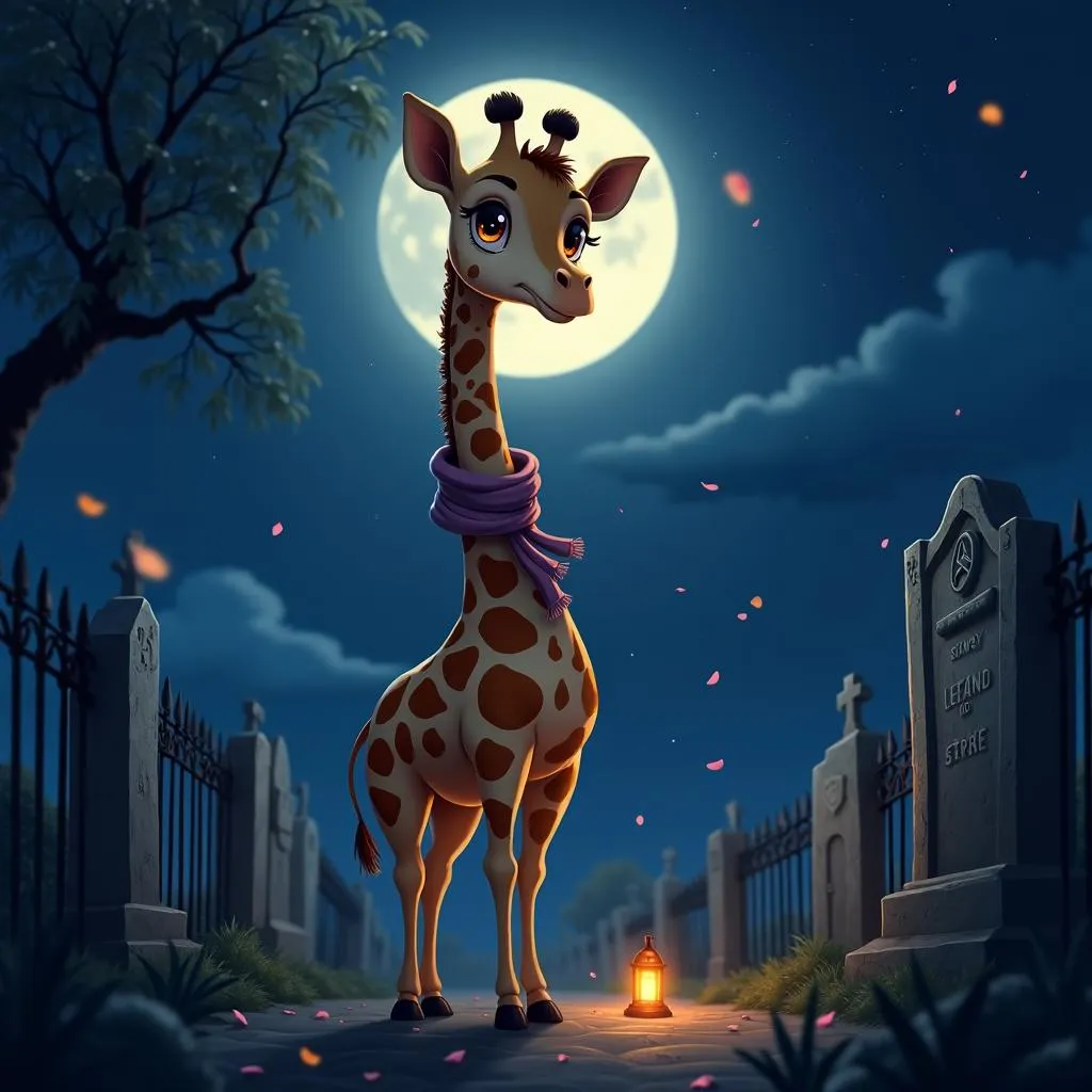 Moonlit Anime Giraffe in a Ghostly Graveyard