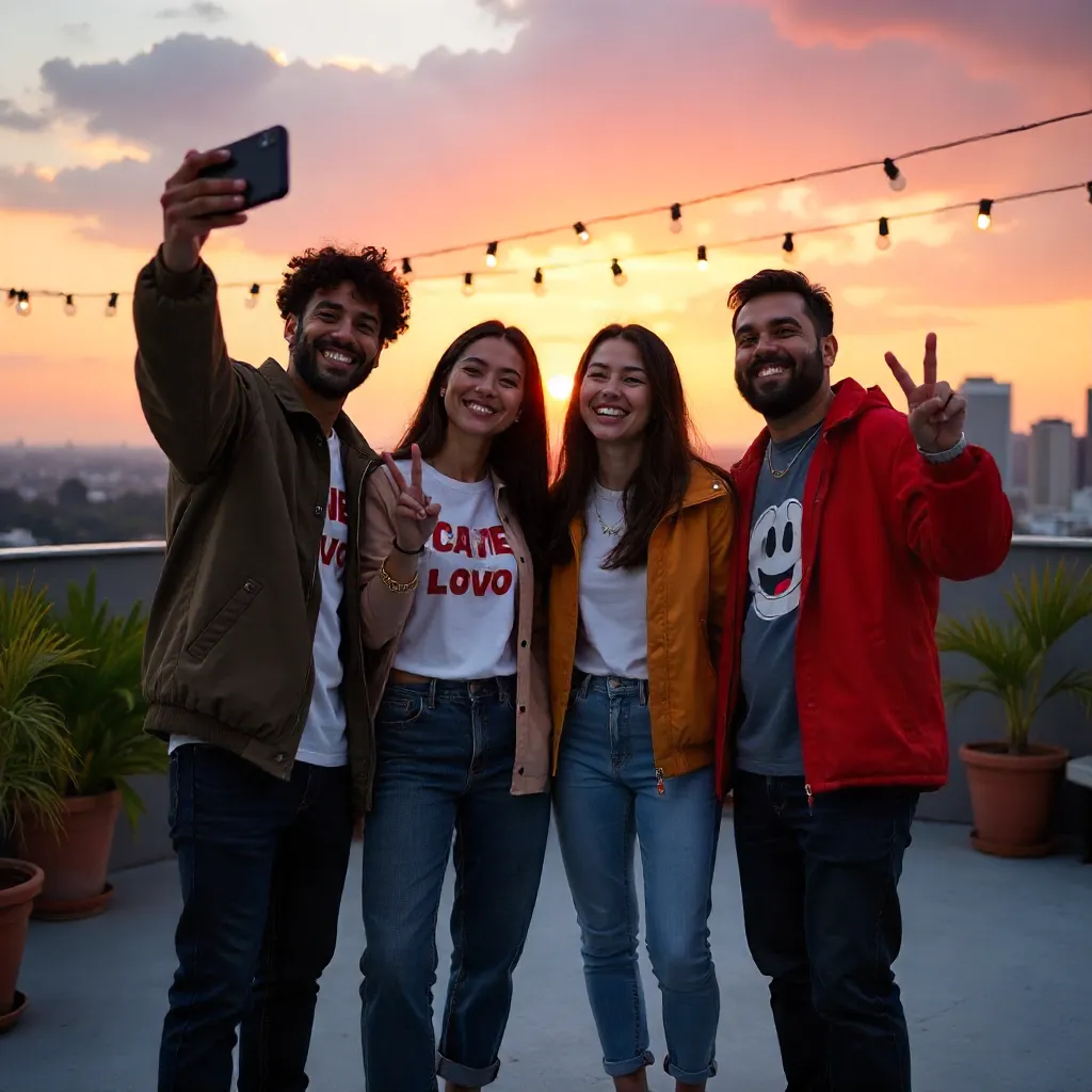 Golden Hour Rooftop Selfie With Trendy Friends