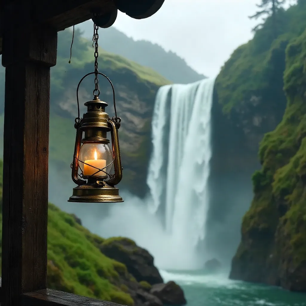Vintage Lantern Framed by Cascading Waterfall and Clouds