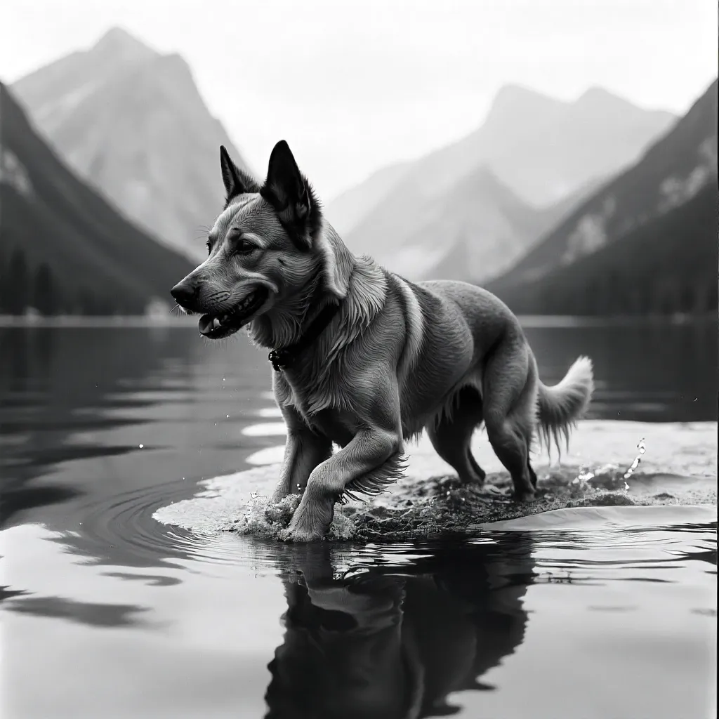 Monochrome Moment: Dog Wading in Mountain Lake