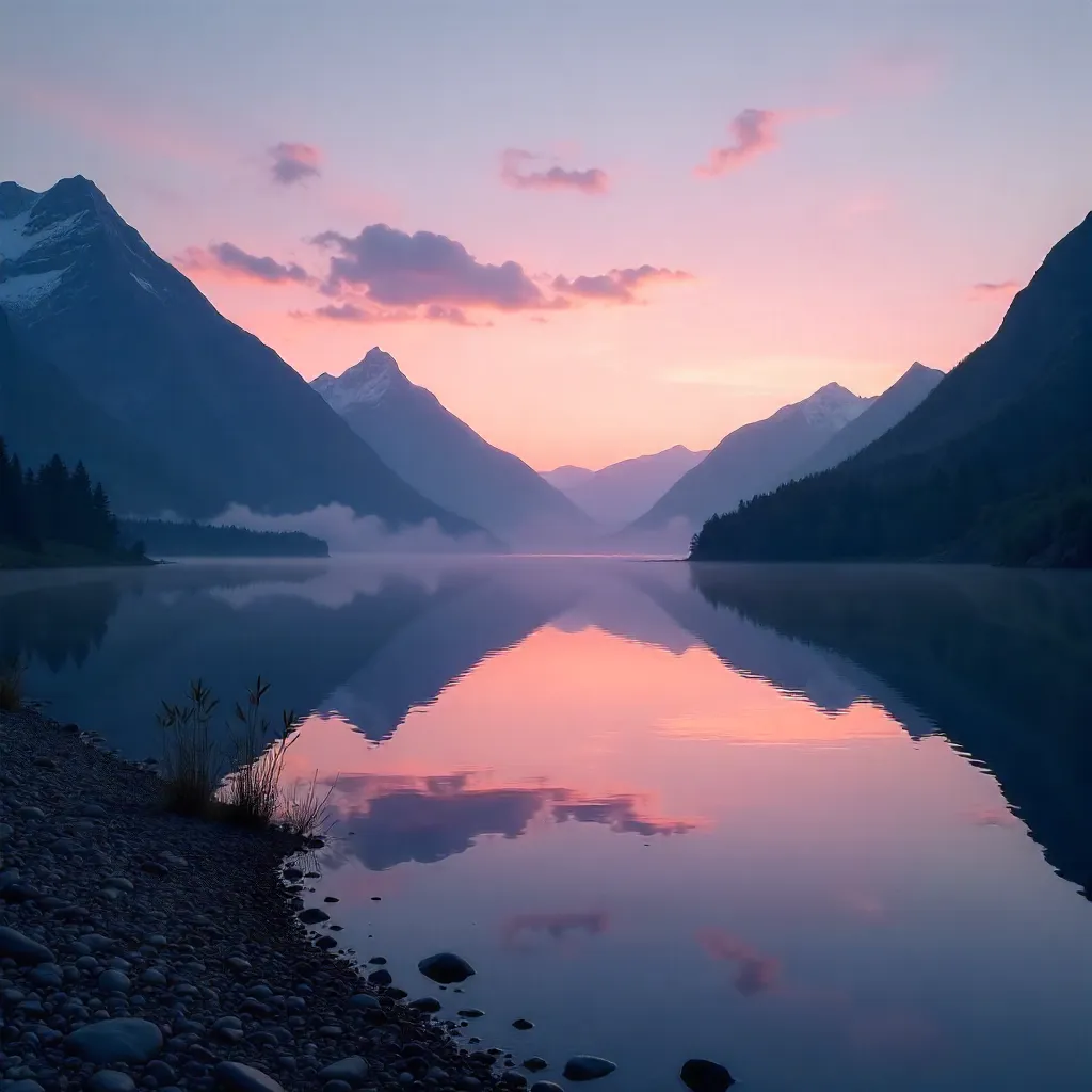 Dusk Mountain Silhouette Over Glassy River