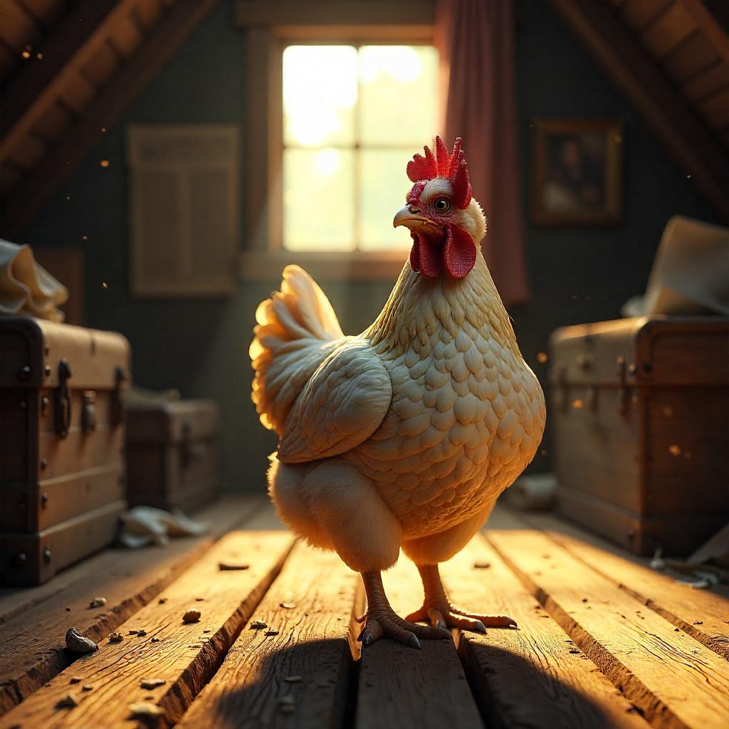3D Render: A Chicken in a Dusty Attic