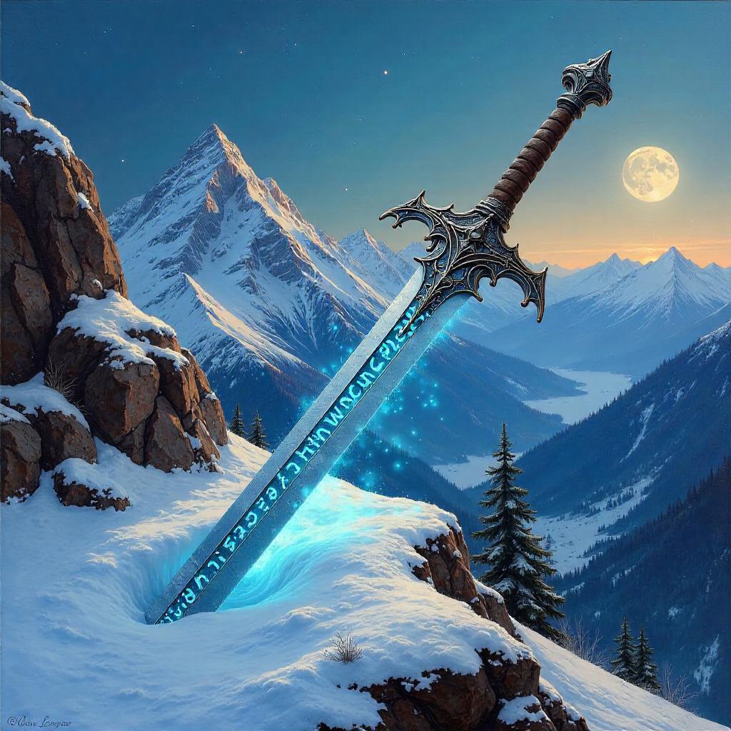 Enchanted Sword on a Snowy Summit