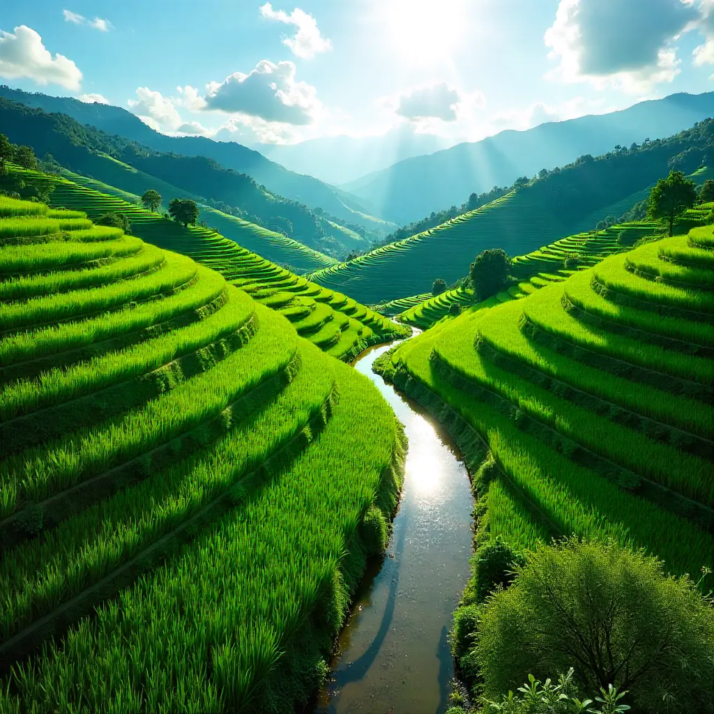 Vibrant Green Rice Terraces in Summer