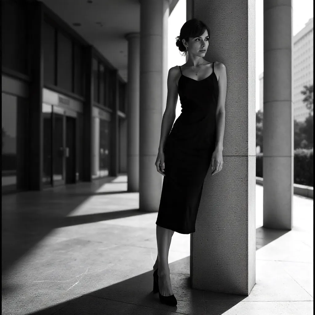 Monochrome Elegance: Woman in Black Dress at a Modern Column