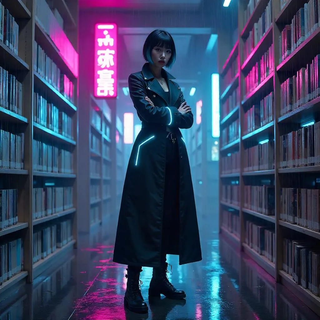 Confident Asian Cyberpunk Librarian in Neon Library
