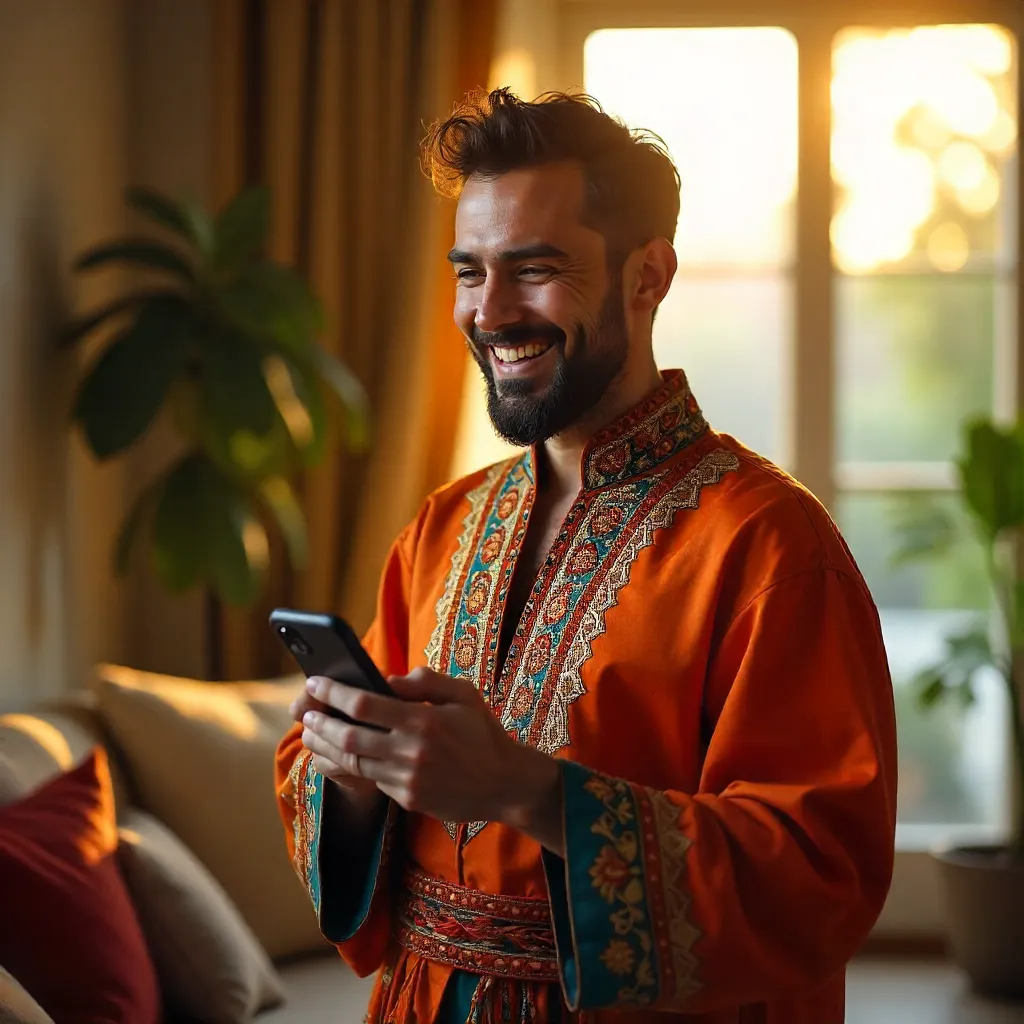 Cheerful man in traditional attire with smartphone indoors