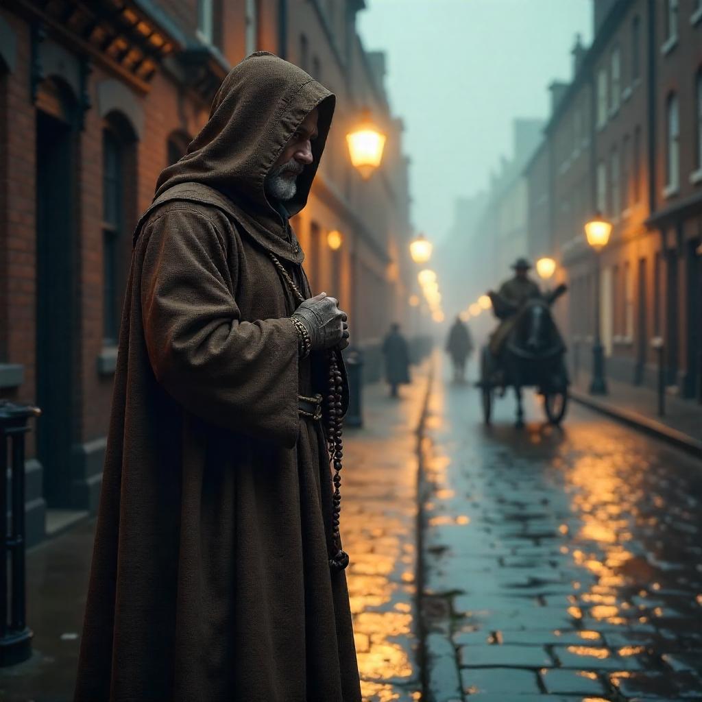 Monk in Foggy Victorian London: 3D Render