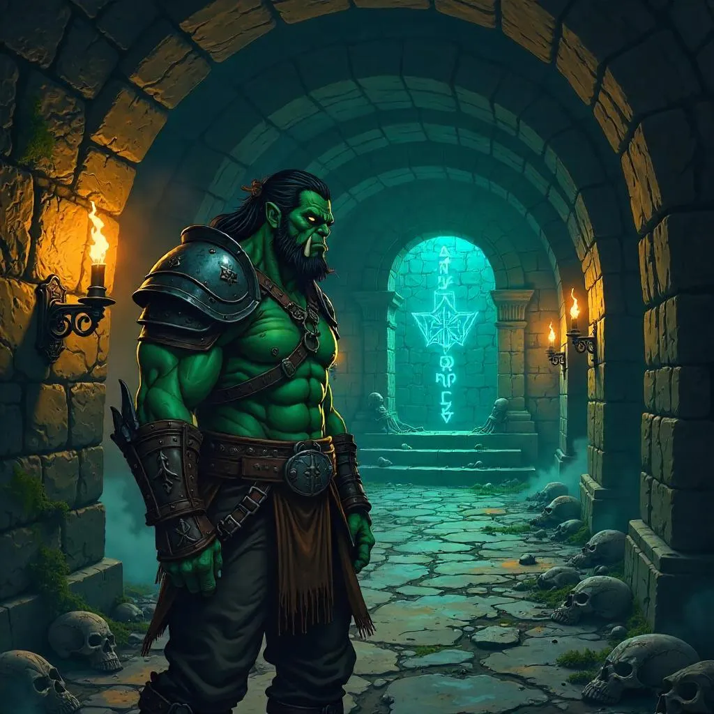 Anime-Style Orc in a Mossy Crypt with Floating Runes