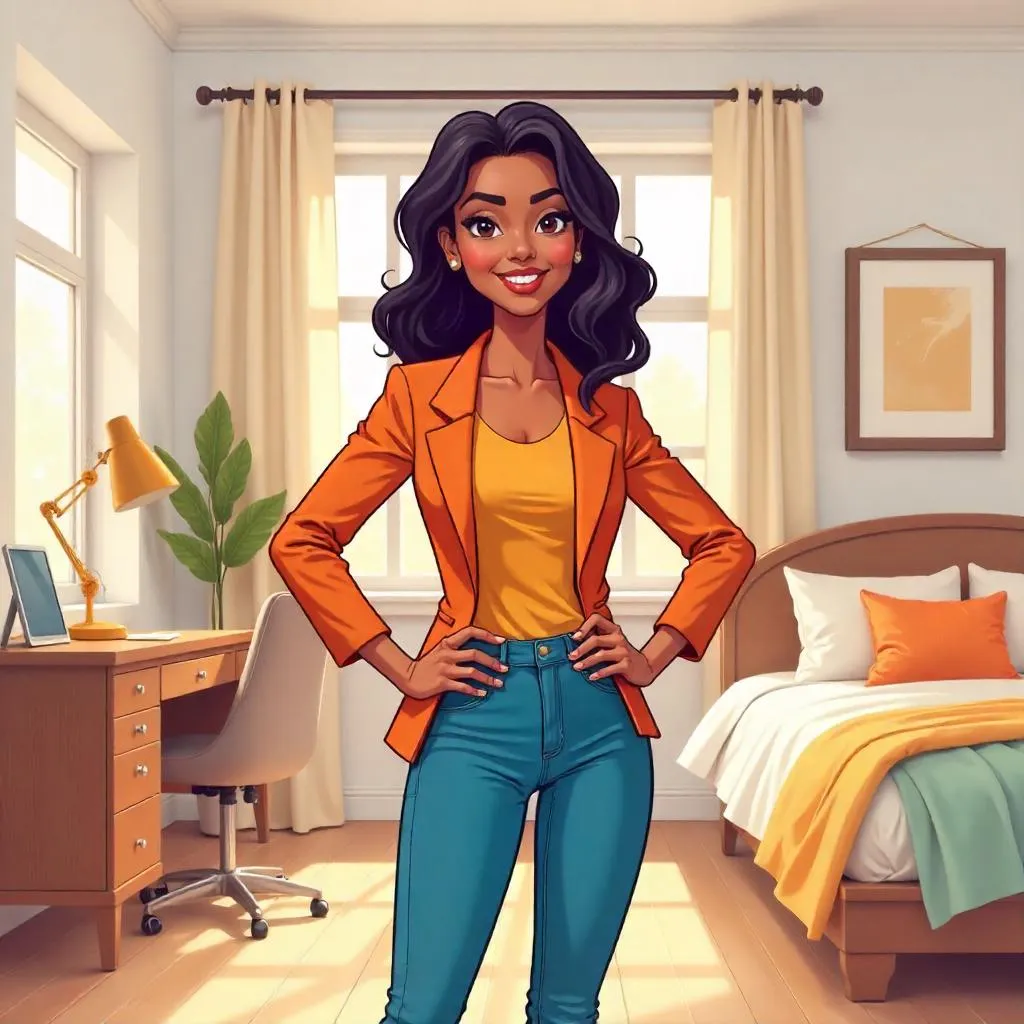Confident White Woman in a Cartoon Bedroom