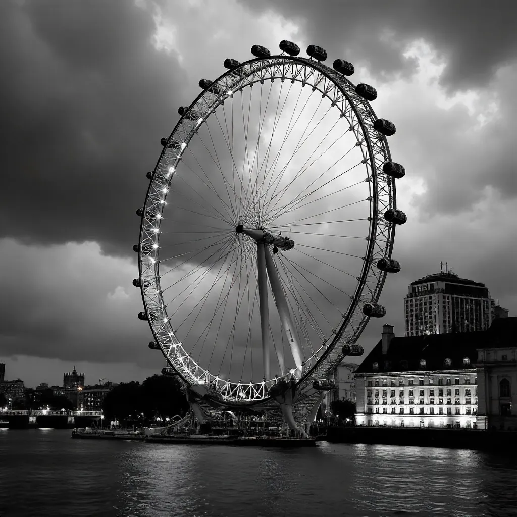 Dramatic Black and White London Eye over the Thames at Dusk