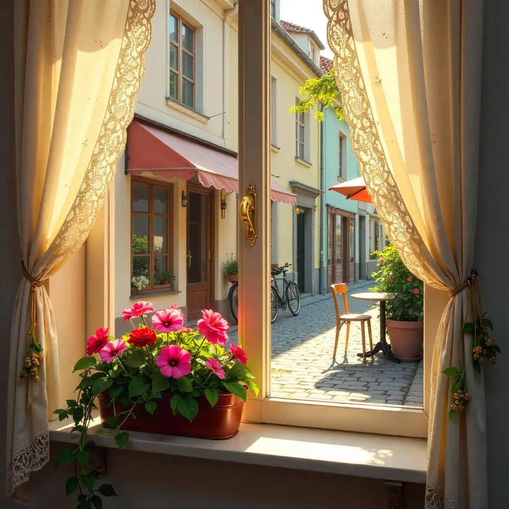 Window View of Flowers and a Welcoming Street