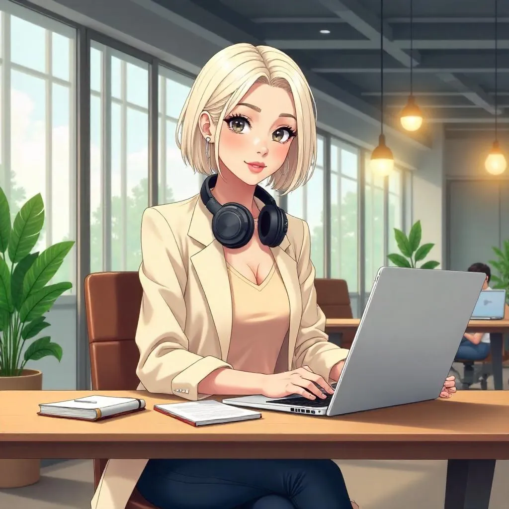 Anime-Style Stylish White Woman in Coworking Space
