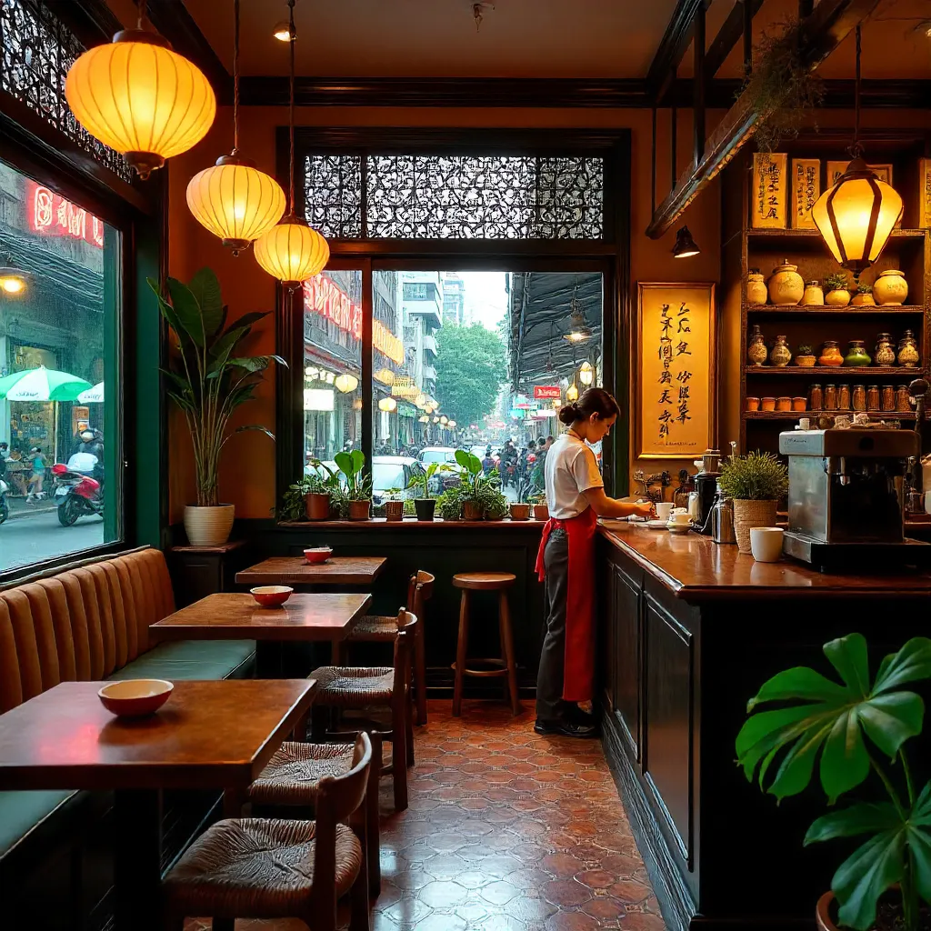 Vibrant Saigon Café Interior with Vietnamese Decor