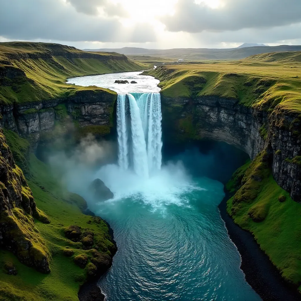 Aerial View: Skógafoss Amid Emerald Moss