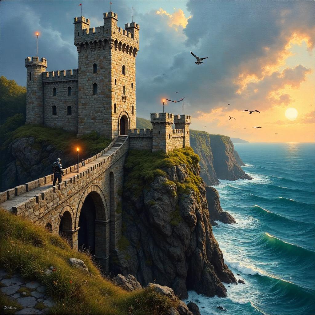 Cliffside Castle in Oil: Medieval Scene